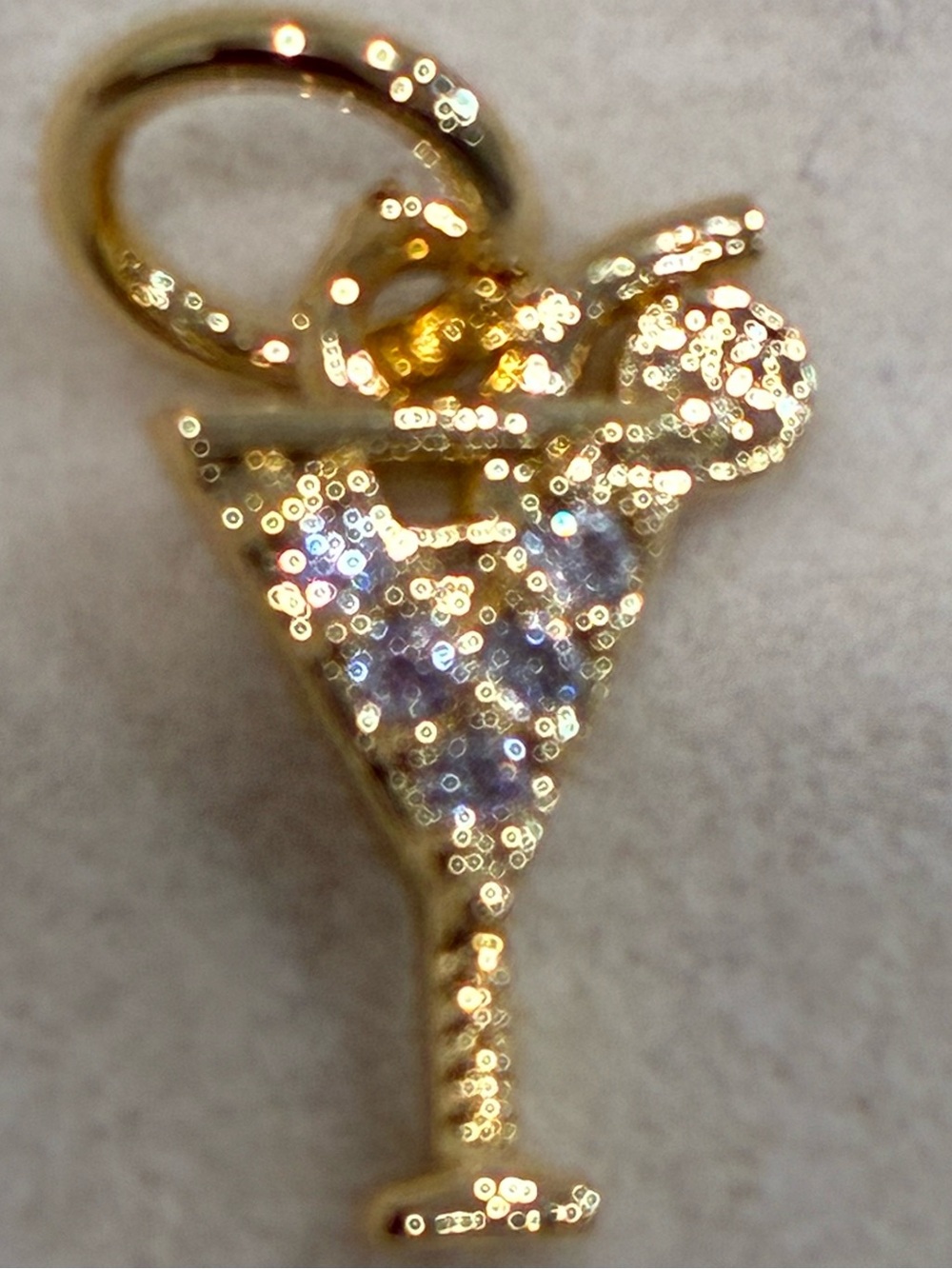 Gold Martini Glass Pendant Charm with Clear Sparkling Stones